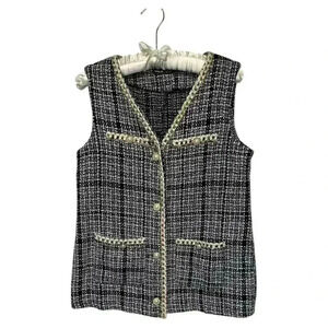 SHEIN Quiet Luxury Tweed Black White Gold Vest Designer Inspired, size 6